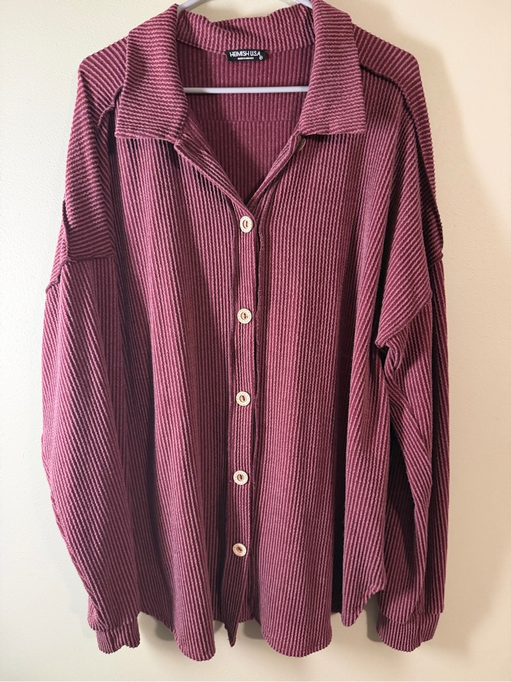 HEIMISH USA Ribbed Button-Front Long Sleeve Top in Dusty Rose